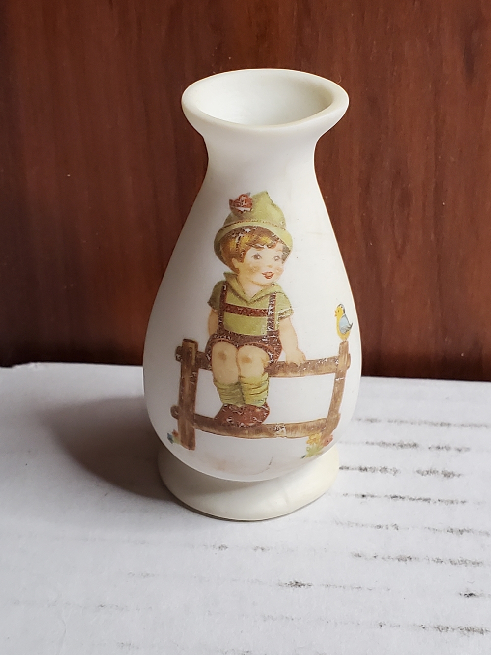 White Ceramic Vase with Vintage Dutch Child Illustration